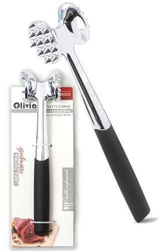 IPEA Attendrisseur de Viande en Acier Inoxydable avec Poignée Confortable en Caoutchouc – 22,5 cm – Marteau à Viande double Face pour écraser la Viande, les Hamburgers les Steaks, le Poulet