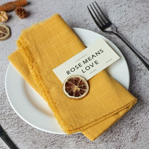 6 PCS Cloth Napkins 42 X 42cm Dinner Table Cotton Napkins Cotton Meal Mat With Fringe Versatile Square Rustic Fringe Napkins for Dinner, Wedding and Parties (Ginger Yellow)