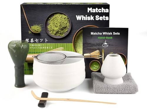 Kit de ceremonia japonesa de matcha de 7 piezas, batidor de matcha de bambú natural, cuenco de matcha, cuchara de bambú, colador, paño de cocina, soporte para batidor, juego completo de matcha