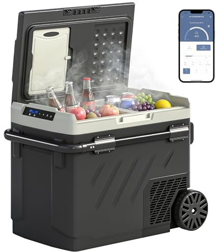 Outsunny 49L Compressor Car Fridge Freezer, Dual Zone Camping Refrigerator with App Control, Portable Electric Cool Box, Telescopic Handle and Wheels, 12V/240V, -20℃-20℃, Truck, Campervan, RV, Boat