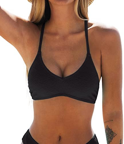 CUPSHE Damen Bikini Oberteil Neckholder Bikini Bademode U Ausschnitt Texturiert Bikini Top Schwarz M