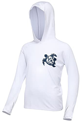 DRONIRING Boys UPF 50+ Fishing Hoodie Shirt with Pocket/Non-Pocket - Kids SPF UV Sun Protection Rash Guard Long Sleeve Swim Shirts, White-thumbholes, XL