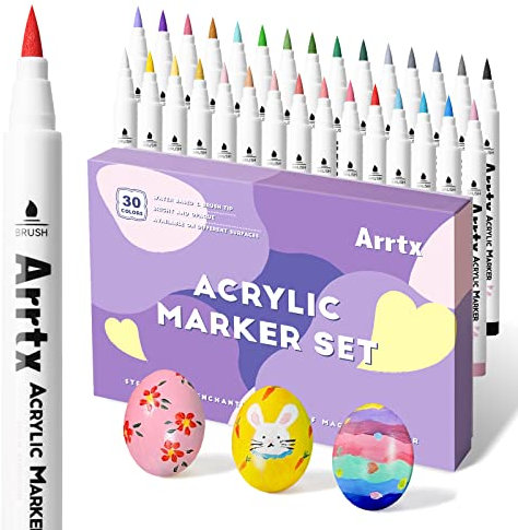 Arrtx Acrylstifte für Steine Bemalen, 30 Farben Acrylstifte Marker Pinsel Spitze, Permanent Filzstifte für Steine malerei, Keramik, Glas, Holz, Metall, Leinwand, DIY Fotoalbum
