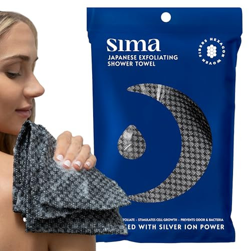 Exfoliating Washcloth Face & Body Scrub Towel - Japanese Exfoliating with Hexagon Fibers, Body Scrubber with 2 Sides for Scrubbing & Washing, Extra Long Towel (Black)