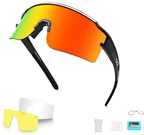 ZISTRFLO Polarisierte Sport-Sonnenbrille mit 3 austauschbaren Gläsern, Sportbrille mit verstellbaren Bügeln zum Radfahren, Fahren und Golfen, U03