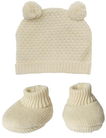Heless 480 - Ropa para muñecas de algodón 100% orgánico, Juego de Punto de 2 Piezas con Gorro y Zapatos de Punto en Color Crudo para muñecas y Peluches de 35-45 cm