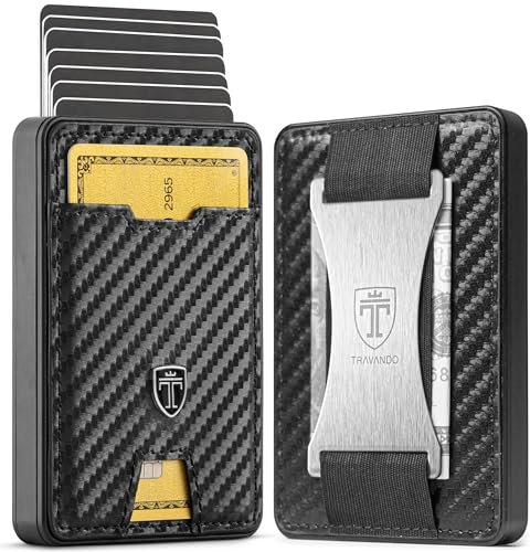 TRAVANDO SWYPE Aluminium Slim Wallet - Carbon Geldbörse Herren Klein mit RFID Schutz - Kleiner Mini Geldbeutel Herren mit Geldklammer - Kartenetui mit Geldspange (Geld-Band, Carbon)