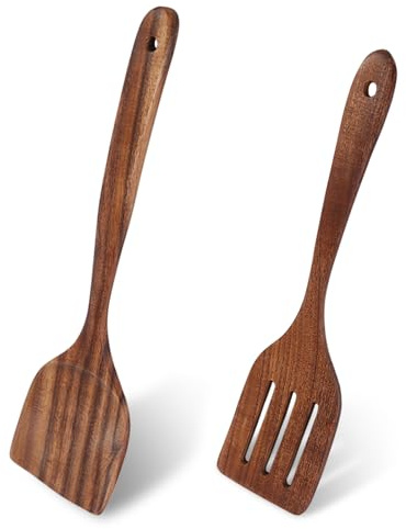 Wondora Spatel trä set om 2 34 cm, högkvalitativt akaciaträ kökshjälpsset, förhindrar repor på stekpannor, värmebeständig, hälsosam, antibakteriell, ergonomisk