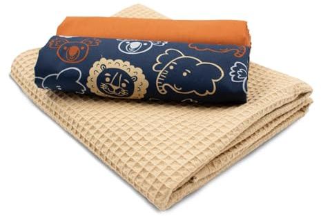 VmG-Store Våffelpiké + bomullstyg, set, färgkoordinerat, våffeltyg, 100 % bomullstyg, Tex Standard 100 (safari-djur, marinblå Set47)
