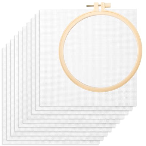 Neikafan 10 Pièces Toile Aida Tissu Broderie 20x20cm avec Cadre à Broder 14.5cm Tissu Broderie Point de Croix Toile a Broder pour Couture DIY ArtisanatBroderie Décoration