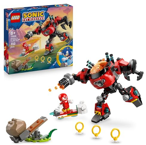 LEGO Sonic the Hedgehog Knuckles vs. Dr. Eggman Egg Crusher Mech Toy - Building Set incl. 2 Minifigures, Rings & Chaos Emeralds - Video Gaming Gift for 8+ Year Old Boys & Girls - 77005