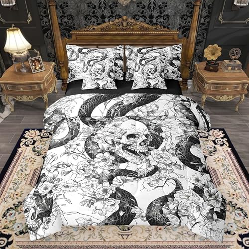 jejeloiu Kids Sugar Skull Comforter Set 7 Pieces Twin Size Snake Boho Rose Bedding Set for Boys Girls Gothic Art Bed in a Bag with Comforter, Sheets, Pillowcases & Cushion Covers