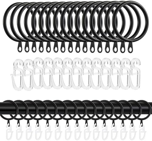 Jizxol Vorhangringe schwarz, 40 Stücke Metall Gardinenringe und 40 Stücke Kunststoff Vorhang Haken, Gardinenringe mit Haken, für Fenster Tür Duschvorhang für Schienen, 30 mm Innendurchmesser. (Black)