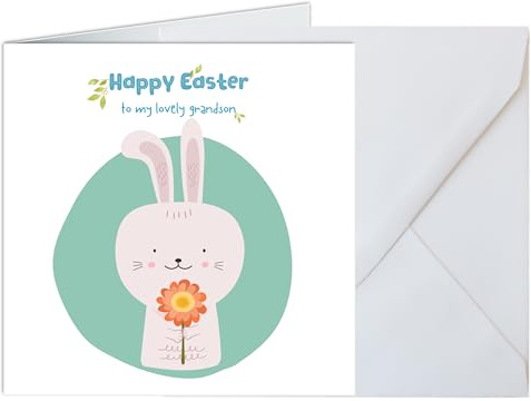 Happy Hoppy Easter Cute Card with Bunnies Bunny Blessings for Grandson 14 x 14 cm 300gsm with white envelope