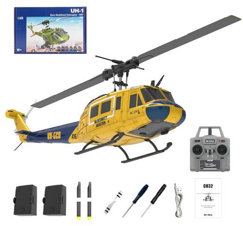 YGWXYYZJ C032 RC Hubschrauber für Erwachsene, UH-1 Huey 6CH Military Scale Aileronless Aerobatic RC Helicopter with Fly Upside Down 3D Rolling & Intelligent Positioning System for Enthusiasts(Yellow)