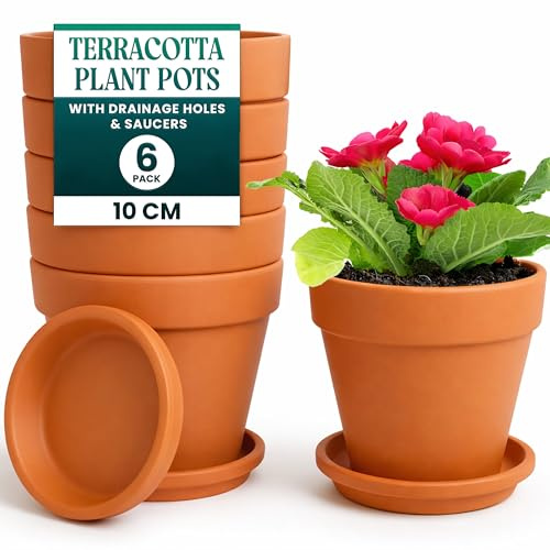 Green Thumbz Clay Pots for Plants with Saucer - 10cm x 6 Pack Large Terracotta Plant Pots with Drainage Hole, Ceramic Pots for Plants for Indoor/Outdoor Use
