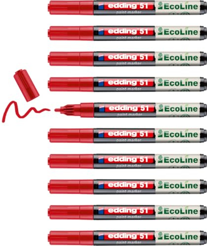 edding 51 EcoLine paint marker – red – pack of 10 – round nib 1-2 mm – water-based ink, highly opaque & waterproof – pen for glass, stone, wood, plastic and paper