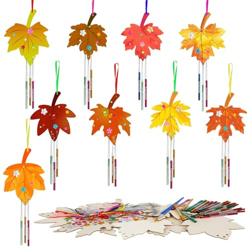 9 Pièces Bricolage Feuille d'érable Carillons, Feuille D'erable Carillon à Vent en Bois, Kits DIY Carillons pour Enfant, Carillon Automne à Peindre, Pour Décoration Cadeau pour Activités Automne
