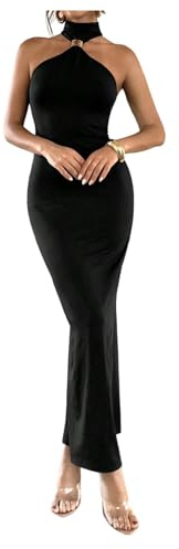 GORGLITTER Women's Halter Neck Metal Decor Bodycon Dresses Sleeveless Pencil Maxi Elegant Cocktail Dress