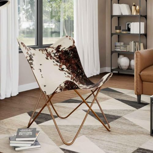 Frdhee Sillón para televisión, diseño de mariposa, color marrón y blanco, piel de vaca auténtica para dormitorio, jardín y patio