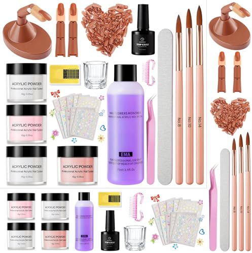 Polvo Acrilico Para Uñas: 4 Colores Acrílico En Polvo Set 2 Dedos Ejercicio Ajustables Con 100 Puntas De Uñas/3 Lápices De Arte De Uñas/Pegatinas Florales/Archivo De Uñas Profesional Kits Completo