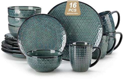 MALACASA 16 Pieces Dinner Set for 4, Embossed Stoneware Dinner Sets, Green | Plates and Bowls Sets with Mugs, 4 Different Patterns, Microwave/Dishwasher Safe, 4 Each Bowls, Dinner Plates and Side Plates