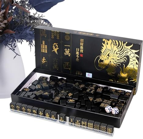 Yonuaret Mahjong Game - 144 Pieces Black Gold Complete Game | Mahjong Game for Beginners with 2 Dice and 4 Storage Boards - For Adults Home Travel Party Night and