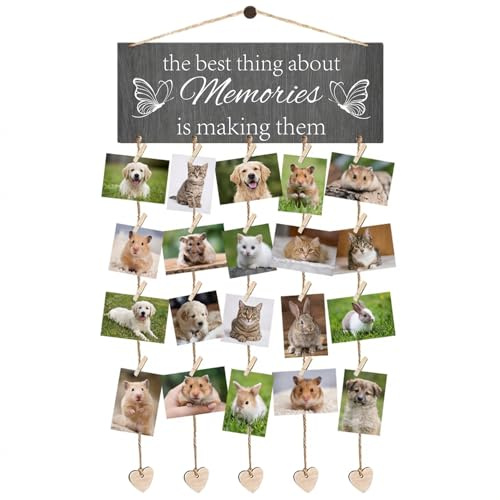 XETHI Cuerda para Fotos con Pinzas de Madera | 5 Cuerdas de Cáñamo Ajustables y 20 Clips | Etiquetas de Corazón 'Memories' | Decoración de Pared para Dormitorio
