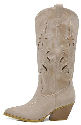 IF Stivali Texani Donna al Ginocchio, Ricami e Lavorazione Traforata, Suola in Gomma Silenziosa,Stile Cowboy Camperos G718 beige 39