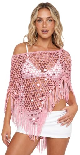 Felcia Poncho tricoté à paillettes pour femme | Châle léger ajouré, épaules dénudées, châle transparent respirant, haut de bikini de plage