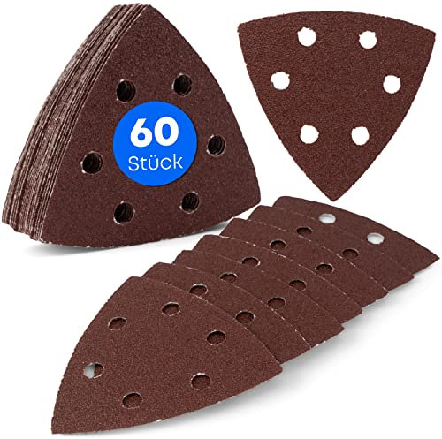 60 piezas triangulares de lijado delta, 6 agujeros, 93 x 93 x 93 mm, 10 unidades de grano 40-60 - 80-120 - 180-240, para lijadora delta, hojas de lija triangulares