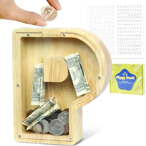 LEcylankEr Spardose Kinder Personalisierte Alphabet Sparbüchse (P) | Holz Spardose Dekoration Kreative Sparschwein als Geschenke für Geburtstag, Weihnachten und Thanksgiving