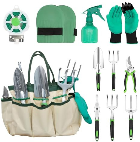 Green Haven 11-Piece Garden Tools Set with Storage Bag – Gardening Kit with Stainless Steel Hand Tools, Trowel & Fork Set, Non-Slip Handles – Gardening Tools for Planting, Weeding & Pruning
