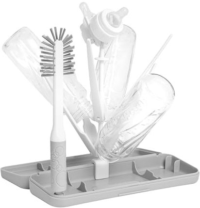 Ubbi On-The-Go Drying Rack and Brush Set, Includes Travel Case and Bottle Brush for Compact Storage, Holds Up to 8 Bottles, Baby Travel Accessories, Gray