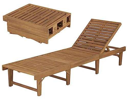 loibinfen Folding Sun Lounger Solid Wood Foldable Chaise Lounge Adjustable Outside Patio Sunlounger Outdoor Wooden Garden Lounge Chair Weather Resistant 78.7x24x11.8/33.9 -AA