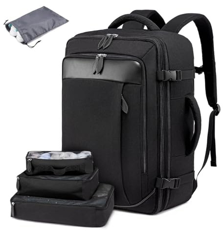FANDARE Zaino da viaggio Borse da Cabina per Ryanair Bagaglio a Mano Easyjet zaino da scuola casual laptop con 3 Pezzi Packing Cubes Borsa approvato dal volo Convertibile Zaino Uomo Donna Zaino Nero A