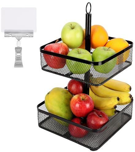 BELLE VOUS 2-Tier Black Fruit Basket - Metal Fruit Basket for Kitchen - Fruit Storage Rack with Label Clip - Home Fruit Holder/Vegetable Basket Stand