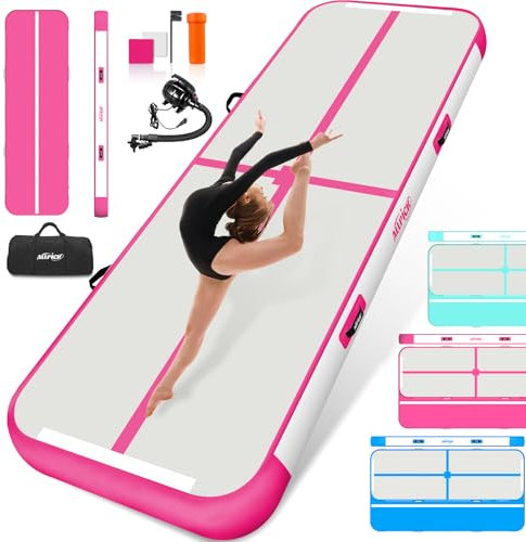ALLPICK Turnmatte Aufblasbar mit elektrischer Luftpumpe, Länge 3/4/5/6 m Trainingsmatte, 10/20 cm hoch Tumbling Matte, Doppelseitiges Design Aufblasbar für Gymnastikmatte, Yoga -Rosa 300*100*10 cm