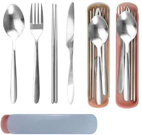 Couvert Camping,12 Pièces Portable Couverts Camping en Acier Inoxydable,Set Couverts Voyage Réutilisable avec étui,Lavable au Lave-vaisselle Couvert Transportable pour Pique-niques,Bureau,Camping