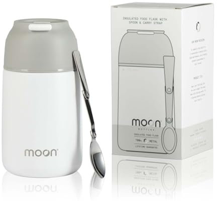 Moon Food Flasks For Hot Food - Insulated, Stainless Steel, Thermal Lunch Box, Soup Containers, Food Jars for Kids & Adults, Free Spoon, Leakproof, UK Company (700ml White)