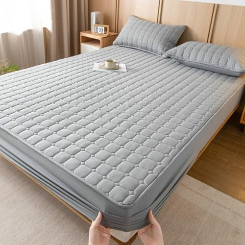 Bettlaken 180x200cm Boxspringbett Baumwolle Polyester, Spannbetttuch Wasserdicht Einfarbig Hellgrau Spannleintuch Karomuster Matratzenhöhe bis 28cm