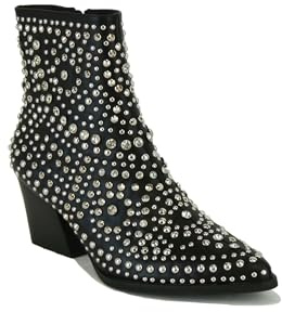 Beast Fashion Women's Studded Ankle Boots Western Rhinestones Booties Cowgirl Boots Pointed Toe Boots Cowboy Boots, Black, 8