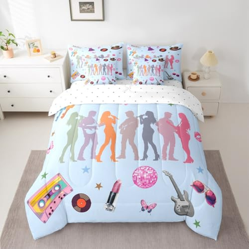 Girls Music Bedding Set for Women Singer Guitar Bed in a Bag Full Size Blue Aesthetics Modern Disco Snake Butterfly Comforter Set 7 Pieces Bed Set with Comforter, Sheets, Pillowcases & Cushion Cover
