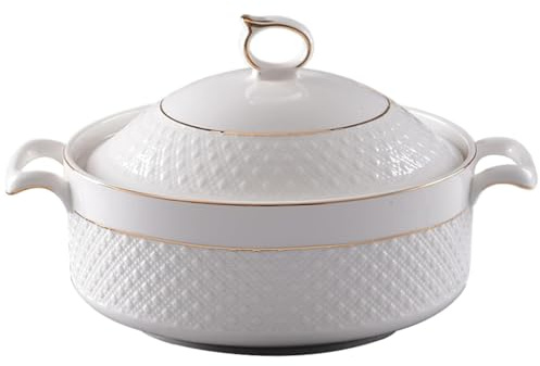 Zuppiera In Ceramica Con Coperchio,Ciotole Da Portata Porcellana Di Grande Capacità,Con Finiture Oro Bianco 1.5l,Per Feste Casa,Cene Famiglia,Adatte Al Microonde E All'Overclocking(With gold rim)