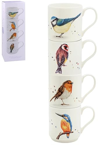 The Leonardo Collection Clemency Bunn British Birds Stacking Mugs Set of 4 | Hot & Cold Drinks, Home & Office, Durable, Easy-To-Hold, Daily Use