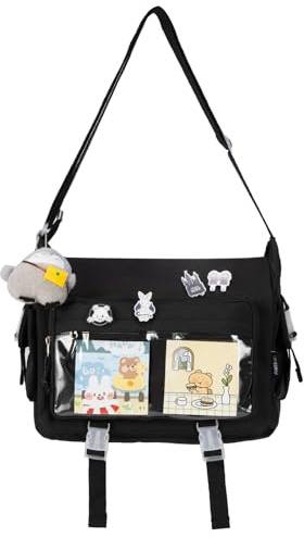 Jnidesier Kawaii Ita Bag with Clear Windows for Women with Pin and Plush Penguin, Cute Aesthetic Messenger Bag Y2K Crossbody Bag Black Fit 15.6 Inch Laptop