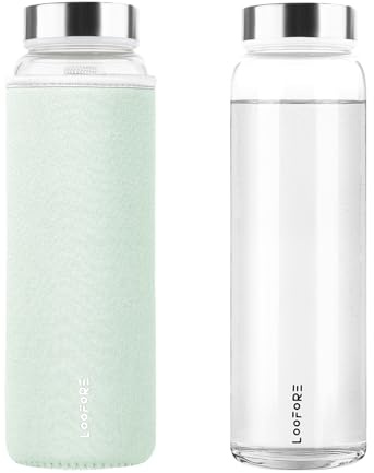LOOFORE Glass Water Bottles 32 oz, 1 liter / 1000ml Wide Mouth Glass Drinking Bottles with Lids, Large Reusable Borosilicate Water Bottle for School Home Office Travel Sport Yoga Gym (Mint Green)