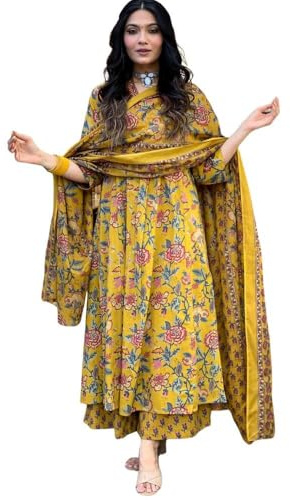 RangMahal Store Women’s Cotton Printed Anarkali Kurti Set with Dupatta | 3-Piece Flared Indian Ethnic Dress for Women | Traditional Festive Wedding Guest Party Wear Outfit - (Yellow - 2X-Large)