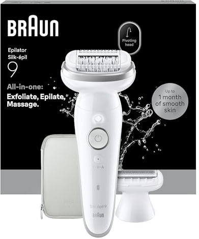 Braun Silk·épil 9 Epilator for Women, 9-041, Silver - Pivoting Head for Easy Hair Removal, Wet & Dry Use, Shaver Head, Trimmer Comb, Lasting Smooth Skin
