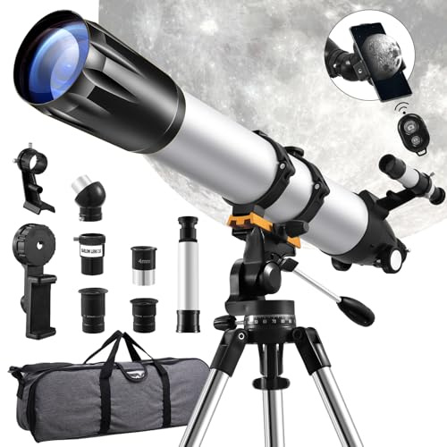 Télescope d'astronomie, ouverture de 80 mm, réfracteur de 900 mm avec trépied en acier inoxydable, adaptateur de téléphone, télécommande sans fil et sac de transport – Portable pour adultes et